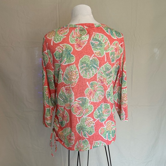 Hearts of Palm tropical print blouse embellished neck coral lime pineapple large - Picture 9 of 16